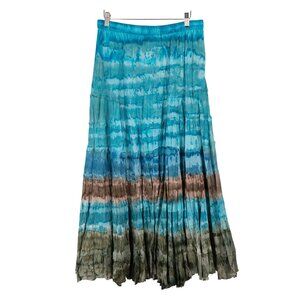 Boho Tie Dye Maxi Skirt L Blue Brown Peasant Indie Festival Fairy Whimsigoth Art